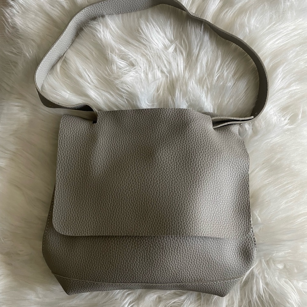 Light gray pebbled faux leather bag